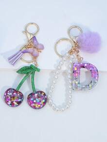 1pc Resin Starry Sky Epoxy Letter Keychain With Black Fur Ball Tassel Decor, Heart Pendant Gift For Friend And Mom - Mauve Purple - View 37