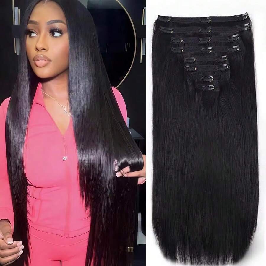 8pcs Bone Straight Clip In Hair Extensions Human Hair Full Head Clip In Human Hair Extensions Natural Black For Women