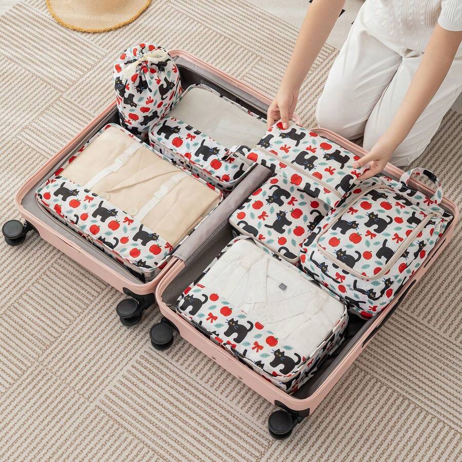 7件組印花卡通壓縮收納袋 旅行收納袋套組,適用於旅行、大學宿舍、學校、度假,包含鞋袋、內衣袋、內褲收納袋、襪子袋、洗衣袋,返校用品 - 彩色 - 查看 1