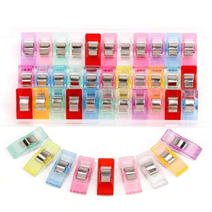 Juego de clips de costura, clips de resorte fuertes de plástico transparente premium a prueba de óxido, clips de fijación de tela sin daños con caja de almacenamiento transparente, clips de acolchado reutilizables, adecuados para sastrería, confección de prendas, bordado, patchwork DIY, manualidades de costura para principiantes