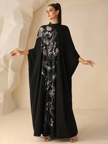 Dam-abaya i enfärgat vävt tyg med applikation, one size, svart, för hösten, lämplig för festivaler, bröllop, semester och vardagsbruk, för alla säsonger - Svart - Visa 8