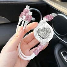 閃亮水鑽汽車充電器，鑽石 3 合 1 可伸縮充電線，USB 快充線，可愛女性風格，適用於 iPhone、行車記錄器、GPS，節日/生日禮物首選 - 優雅芭蕾數據線 - 查看 49
