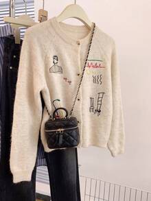 Damen Strickjacke mit Linienkunst-Stickerei, Pullover mit Knopfleiste und Rundhalsausschnitt, geeignet für Herbst/Winter Thanksgiving- und Weihnachts-Outfits - Aprikosenfarben - Übersicht 9