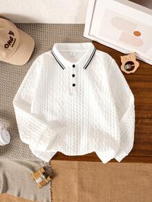 Tween Boy Casual Elegant Fashionable Handsome Textured Jacquard Fabric Long Sleeve POLO Shirt Suitable For Spring/Summer Season Suitable For Back To School Daily Outings Vacation - White - View 3