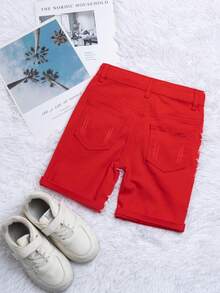 Young Boy Black Denim Shorts With Embroidered Logo, Distressed Wash, Adjustable Elastic Waistband, Stretch Denim Knee Length Pants - Red - View 3