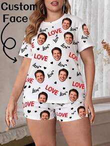 Women's Customized Round Neck Short Sleeve Top And Elastic Waist Shorts Loungewear Set, White, With Personalized Face, Red LOVE Letters And Black Heart - Multicolor - View 1