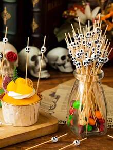 50/100pcs/Pack, Skull Fruit Picks, Rooster Tail Picks, Creative Hamburger And Pastry Picks, Bamboo Sticks. Suitable For Christmas And Day Of The Dead Theme Parties, Enhancing Party Atmosphere, Rooster Tail Picks - Multicolor - View 5