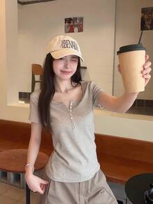 女款亨利領條紋短袖T恤，夏季休閒顯瘦小巧獨特上衣 - 杏色 - 查看 8