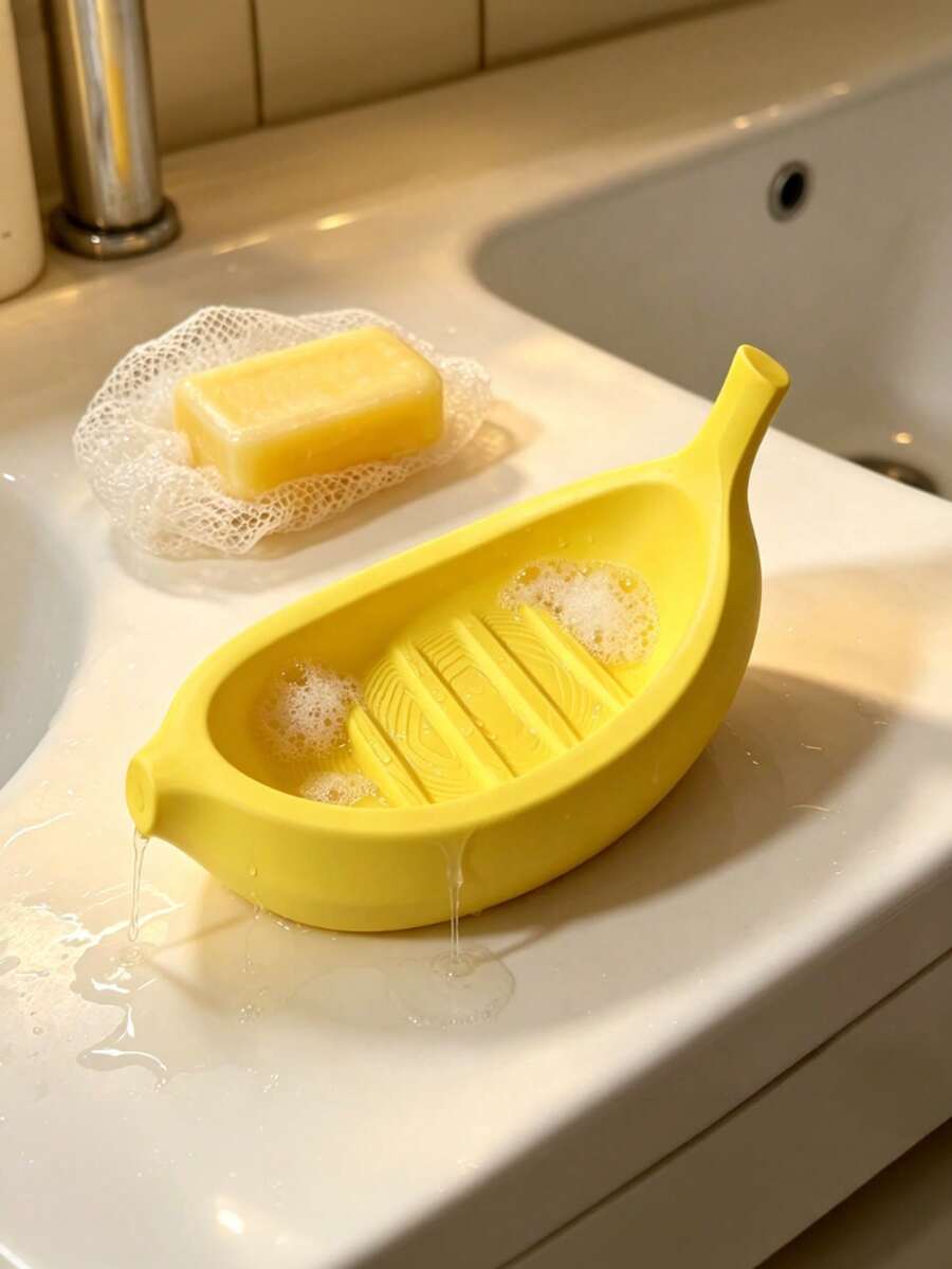 1pc Banana-Shaped Multi-Purpose Bathroom Storage Tray, Suitable For Soap, Facial Cleanser, Toothpaste, Toothbrush And Other Small Items, Bathroom Countertop Drainage Storage Plate, Fresh Yellow Desktop Organizer, Bathroom Trays - Yellow - View 1