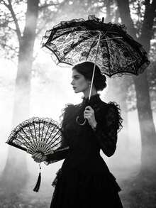 Black Lace Umbrella + Lace Fan With Hanging Pendant, For Festivals. Gothic Style Halloween Accessories In Black, Perfect For Bridal Parties. - Multicolor - View 5