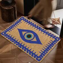1 Peça Tapete de Porta com Estampa de Borda de Onda Totem de Olho Maligno Marrom & Azul, Tapete Retangular Arredondado de Flanela Estilo Vintage Exótico, Padrão de Olho Maligno de Pupila Azul Camada Central com Detalhe de Borda de Onda Vintage Contínua, Tapete de Entrada Antiderrapante Absorvente de Poeira e Água, Adequado para Entrada, Varanda, Interior de Pousada, Uso Doméstico Diário em Todas as Estações - Multicolorido - Visão 6