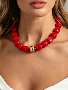 HOTNICE Women's Colorful Chunky Chain Necklace, Fashionable Multicolor Large Square Resin Bead Necklace, Bohemian Style Chunky Chain Necklace Clasp, Y2K Summer Jewelry (Random Bead Quantity) - Red - View 1