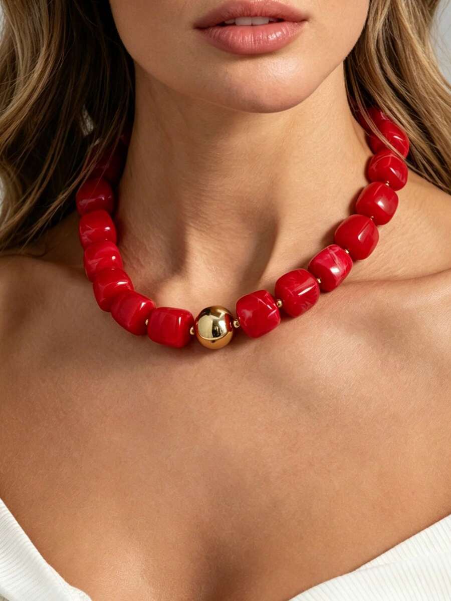 HOTNICE Women's Colorful Chunky Chain Necklace, Fashionable Multicolor Large Square Resin Bead Necklace, Bohemian Style Chunky Chain Necklace Clasp, Y2K Summer Jewelry (Random Bead Quantity) - Red - View 1