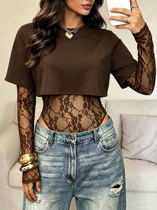 Women's Sexy Lace Patchwork T-Shirt, 2 In 1 Top, Solid Color Bodysuit, Suitable For Daily Wear, Spring, Autumn, Summer