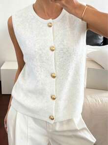 1pc Minimalist Solid Color Gentle Vibe Single-Breasted Metal Button Knit Vest, Casual Tops For Women, Round Neck Fashion Sweater White - White - View 9