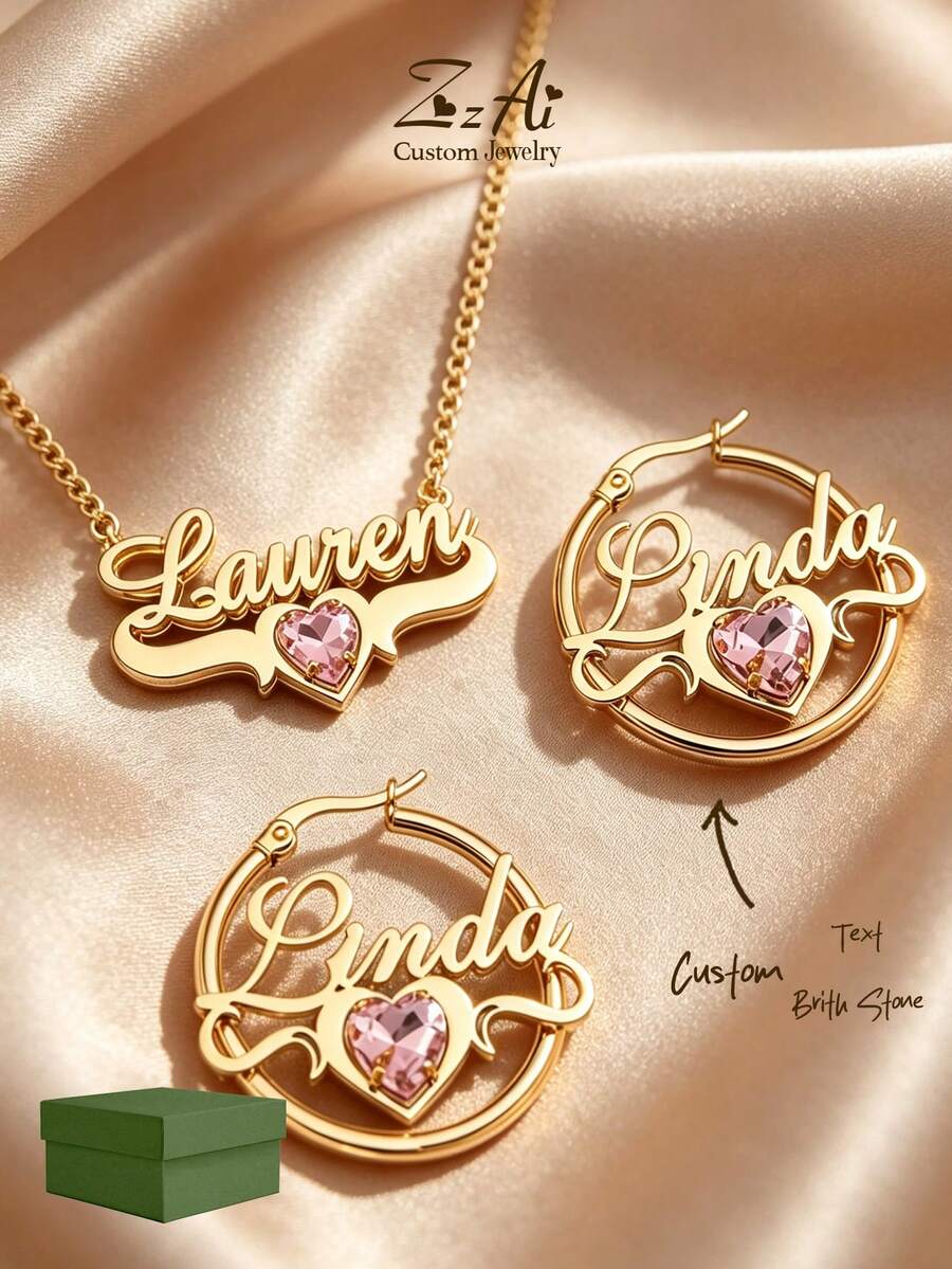 [ZzAi Custom]Back To School Jewelry Set, Customized Birthstone + Name ...