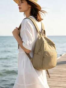 Women's Lightweight Nylon Mini Backpack, Multi Compartment Casual Small Backpack, Versatile Backpack For Commuting And Traveling, College Style Comput - Khaki - View 3