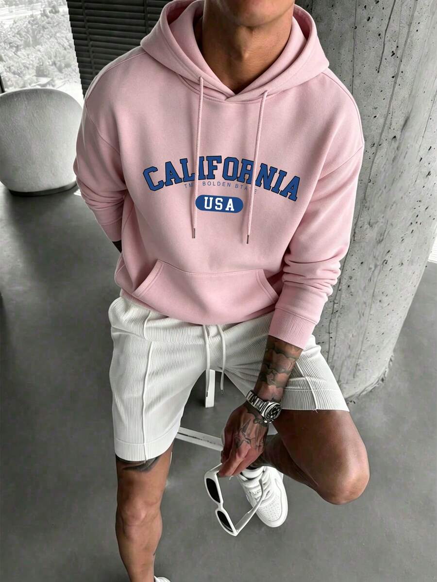 Men's Autumn/Winter Casual Fashion Versatile Daily Commute CALIFORNIA Letter Slogan Print Kangaroo Pocket Drawstring Hooded Sweatshirt - Pink - View 1