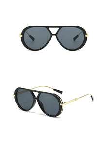 1 buah Kacamata Fashion Wanita Gaya Eropa dan Amerika Terbaru, Bingkai Ganda Ukuran Besar, Kacamata Fashion Retro Aviator - bingkai hitam film hitam dan abu-abu - View 5