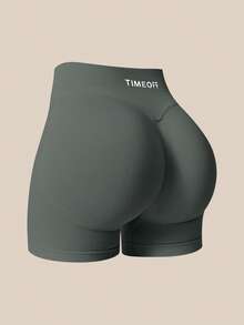 TimeOff 1 pieza de pantalones cortos deportivos de mujer de unicolor con cintura alta, banda de cintura acanalada y espalda fruncida - Gris Oscuro - Ver 3
