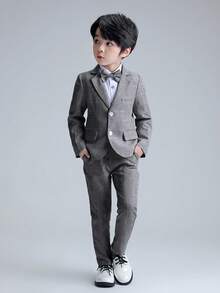 3pcs/Set Jas Anak Laki-Laki Motif Kotak-kotak: Jaket, Celana, dan Pita, Cocok untuk Acara Formal Seperti Jamuan Makan, Pernikahan, dan Pertunjukan Sekolah, Musim Gugur - Dark Grey - View 2