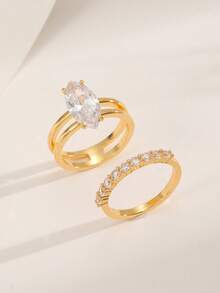 2pcs/Set Commuter Versatile Gold-Plated Horse Eye Zirconia Double Layer Plain Band Engagement Rings For Women, Wedding, Party, Vacation, Gift Accessory - Yellow Gold - View 6