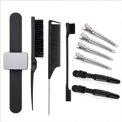10件套假髮造型工具組：3件梳子組、眉毛刷、小刷子、尖頭梳、6個髮夾、1個磁吸腕帶，假髮造型配件
