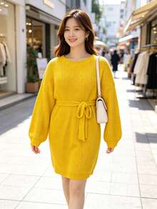 Plus Size Autumn/Winter New Daily Streetwear Solid Color Soft Slim Fit Mid-Length Tie Waist Knit Sweater Dress - Yellow - View 8