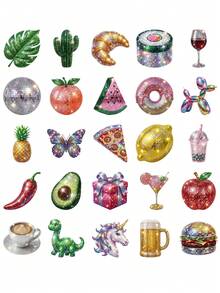 Paquete de 50 pegatinas de purpurina disco Y2K, pegatinas de vinilo brillantes de frutas, postres y plantas para fiestas, adecuadas para portátil, diario, escuela, equipaje y manualidades DIY - Multicolor - Ver 7