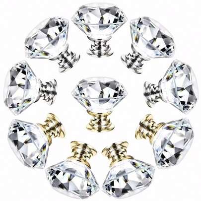 2/4/8pcs Crystal Drawer Knobs, 30mm (Gold + Silver Combination Set) Clear Diamond Shaped Knobs Suitable For Cabinets And Drawers, Crystal Knobs For Vanity Drawers And Kitchen