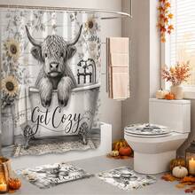 1pc/4pcs Vintage Bathtub Highland Cow Pattern Multi-Functional Bathroom Decor Shower Curtain Set, Free 12 Hooks, Premium Holiday Atmosphere, Bathroom Mat, U-Shaped Bath Mat And Round Toilet Lid Cover, Suitable For All Scenes Decoration, Bathroom Set - Bathtub Highland Cow - View 9