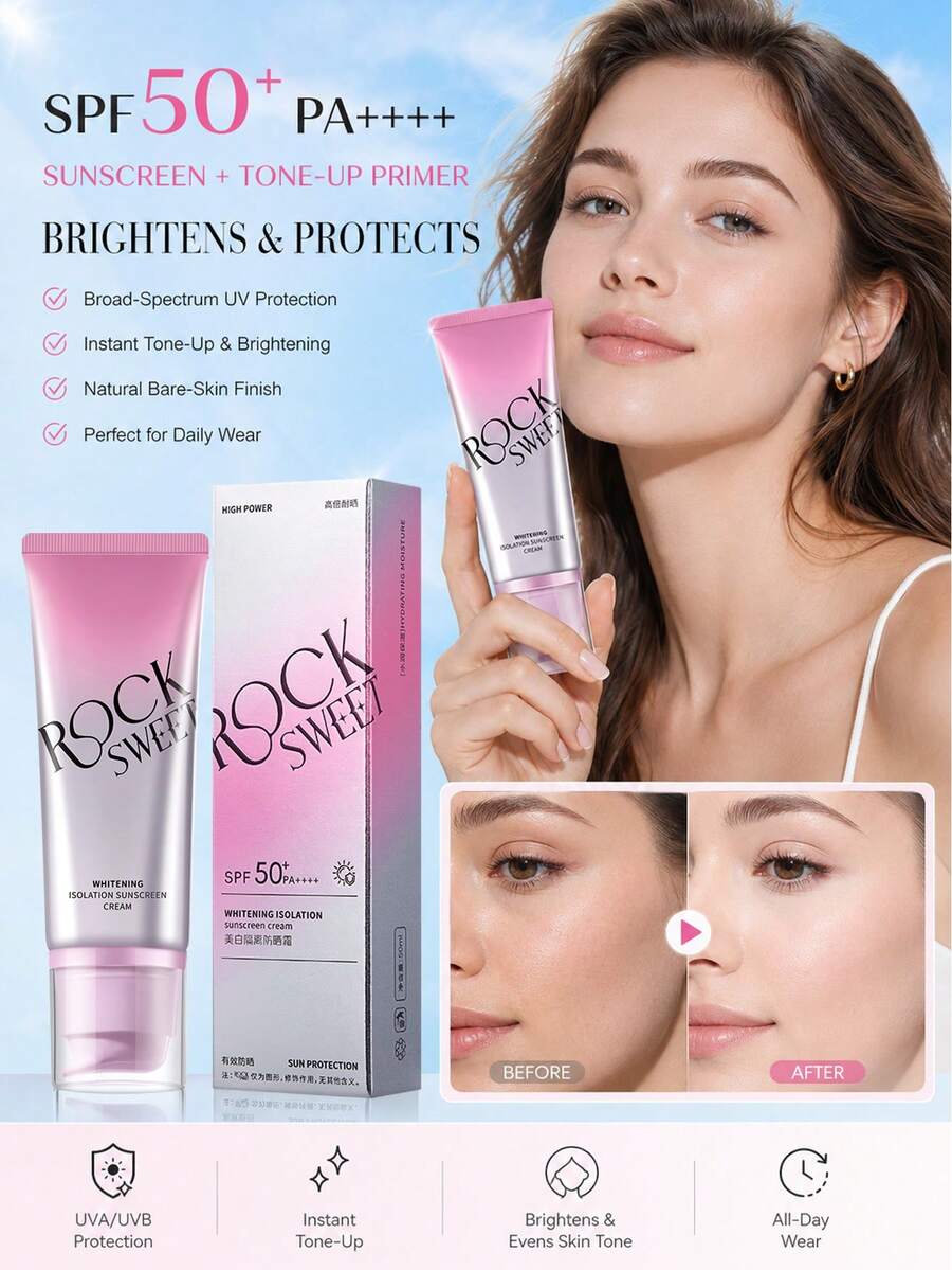 ROCK SWEET Whitening Sunscreen Primer SPF50+ - 2-In-1 Daily Protection, Suitable For Commuting And Sun Protection