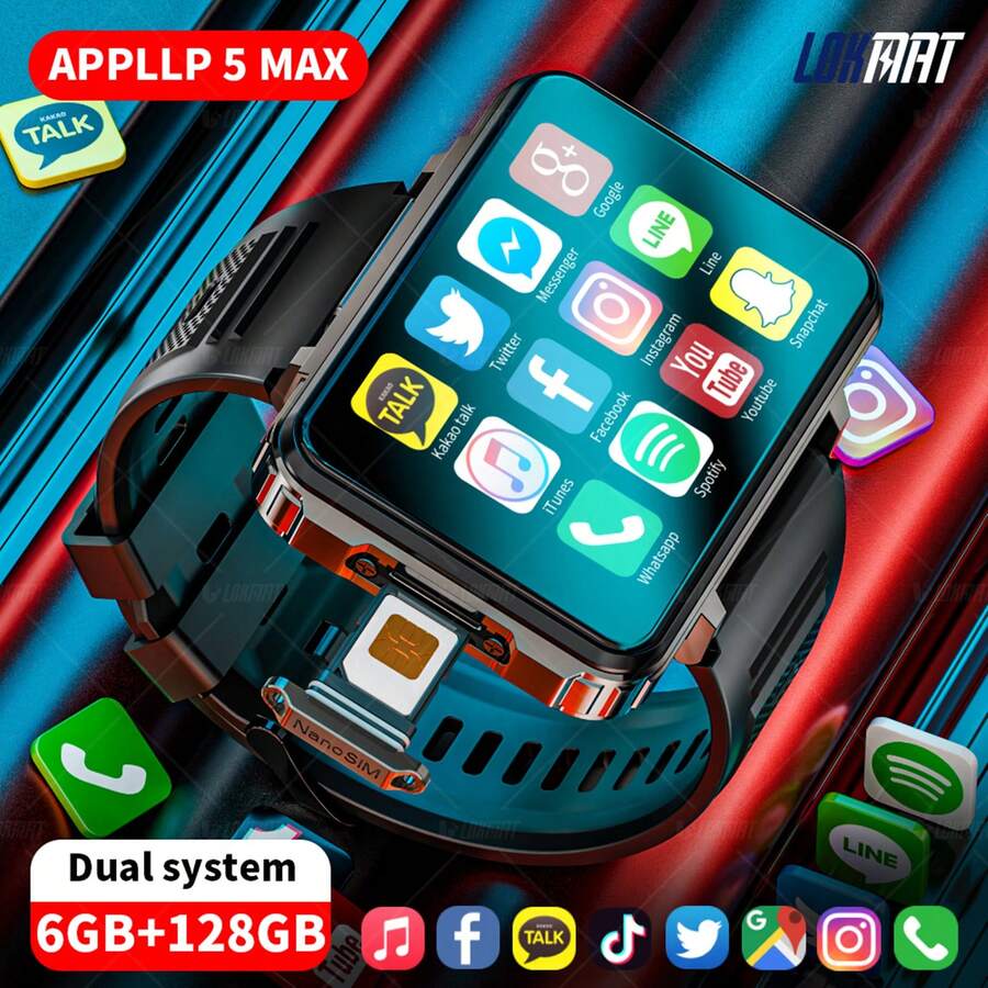 LOKMAT APPLLP 5 MAX Men's 4G Smartwatch, Android 11 Smartwatch, With SIM Card Slot, Fitness, Heart Rate, And Sleep Monitoring Tracker, Full Touchscreen, GPS, Camera, WiFi + 4G Smartwatch, Compatible With Android And IOS