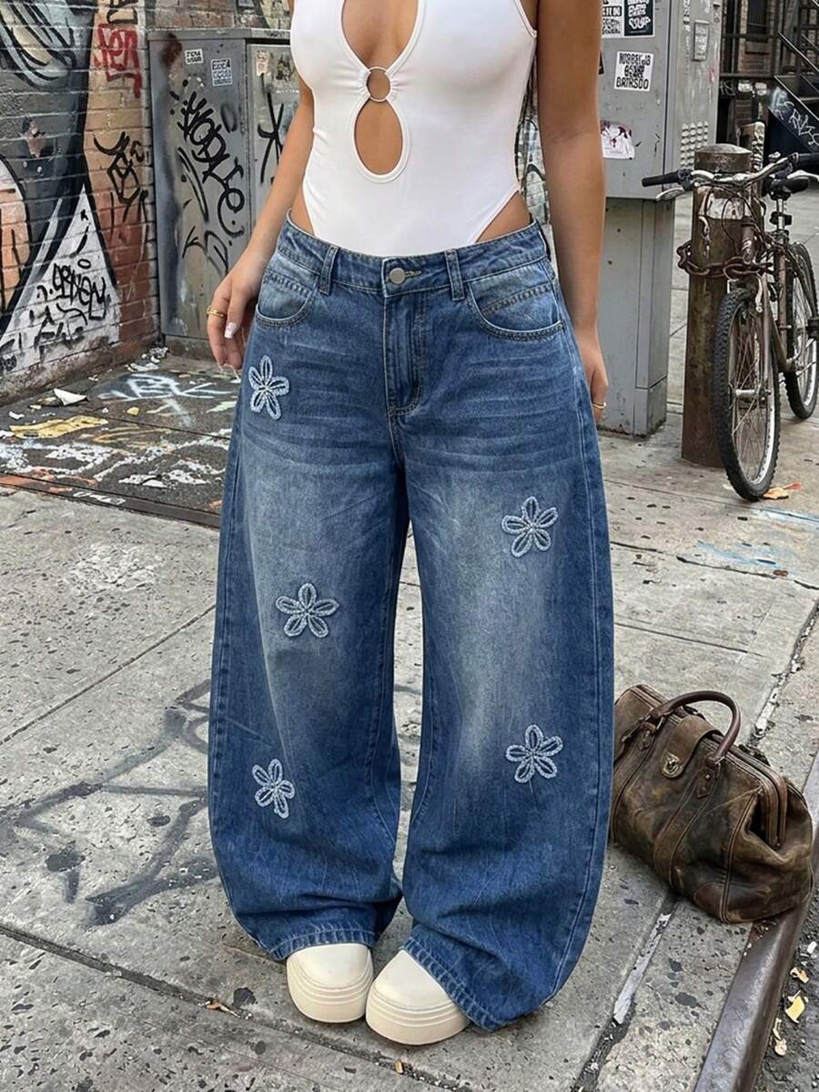 Women's Vintage Street Casual Floral Embroidered Loose Wide Leg Barrel Jeans Y2K - Medium Wash - View 1