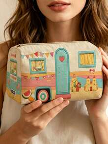 Campus Style Beach Bus Pattern Pencil Case/Stationery Storage Bag - Multi-Functional Large Capacity Design, Can Be Used To Store Office Supplies, Creative Multi-Functional Pencil Box Or Portable Travel Makeup Bag, Suitable For Students And Adults Daily Use, Meets Stationery Storage, Daily Organization, Overnight Travel, Vacation And Gym Storage Needs, Essential Dorm Room Item For Back To School (2D Pattern, Not Embroidered) - Multicolor - View 2