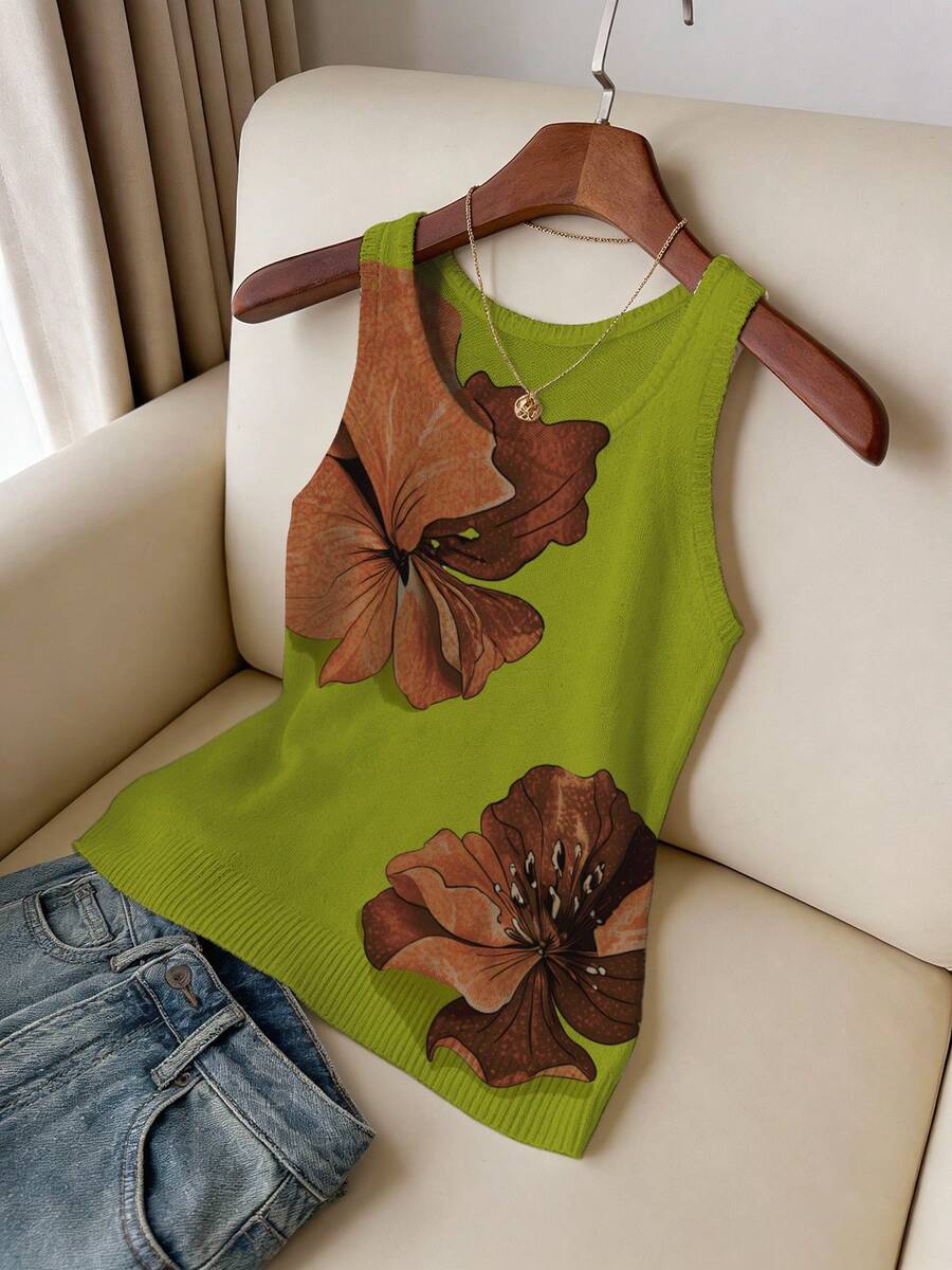 ASHKATIA Tank Top Rajut Leher Bulat Motif Vintage Ukuran Plus Wanita, Rompi Kasual Panjang Reguler, Cocok untuk Pakaian Musim Gugur - Hijau - View 1