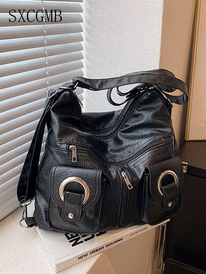 Men's Black PU Leather One Shoulder Bag, Metal Ring Decor, Multiple Zipper Pockets, Punk Style, Suitable For Daily Commute, Back To School, Campus, Backpack