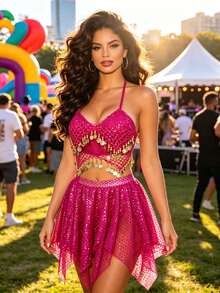 Exotic Festival Rave Party Dangling Sequin Coin Fringe Halter Crop Top, Irregular Hem Sequin Skirt For Costume Cosplay And Parade Events - Multicolor - View 15