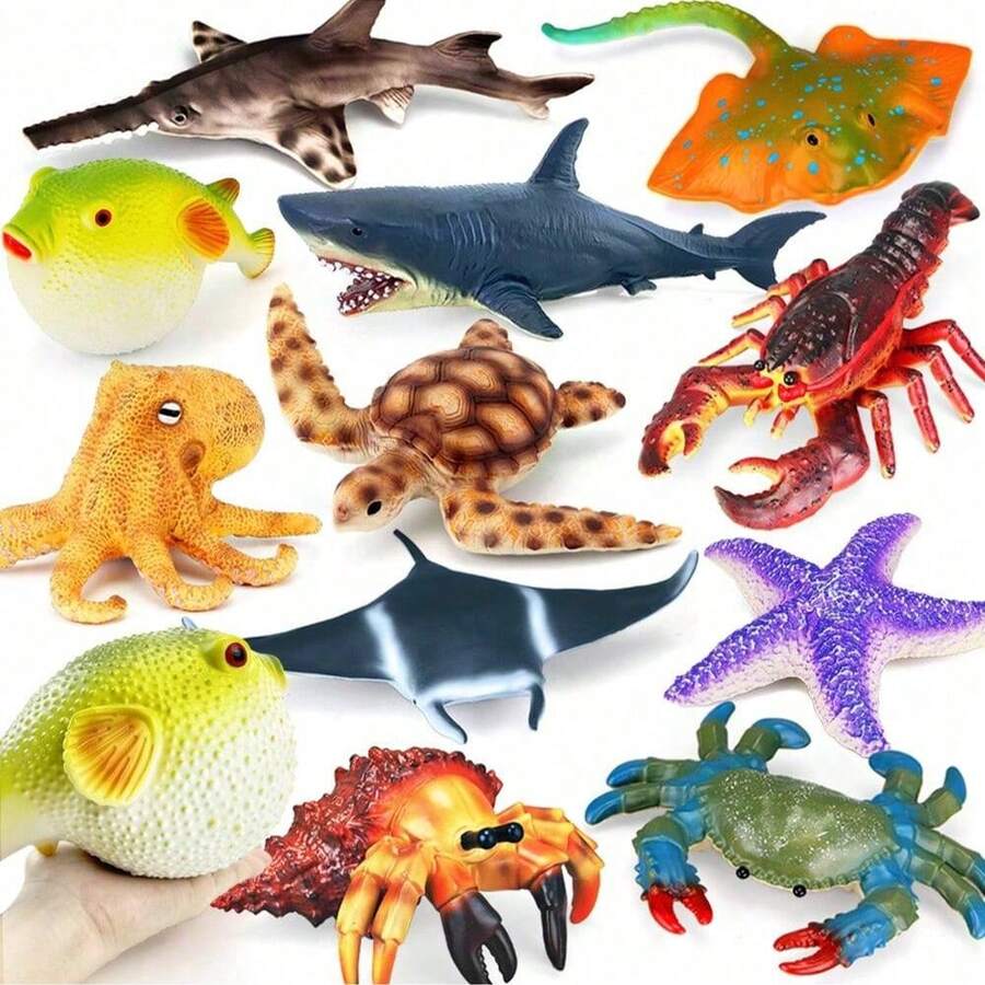 12 Styles 8-14Inch Soft PVC Sea Animal Models, Shark Turtle Octopus Manta Ray, Kids Educational Birthday Toy Gift