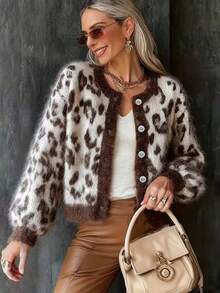 Plus Size Women's Leopard Print Single-Breasted Casual Versatile Daily Wear Cardigan - Brown - View 4