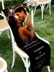 1pc Customized Wedding Chair Decor Banner - Personalized Photo/Text - Made Of Durable Polyester Fabric, Exquisite Design, Easy To Install, Elegant Customized Wedding Chair Decoration, Suitable For Lawn, Garden, Living Room, Birthday Party - Multicolor - View 5