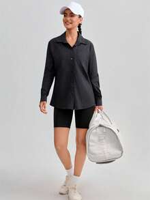 Women's Summer Ice Silk UPF50+ Sun Protection Jacket, UV-Resistant Skin Shirt, Quick-Dry Fashion Printed Outdoor Sports Versatile Shacket Black - Black - View 9