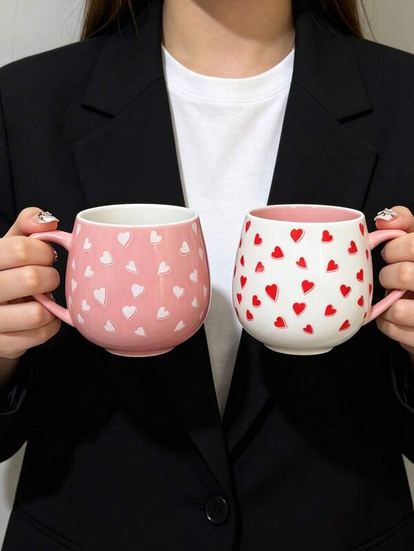 1pc Highly Attractive Hand-Painted Heart Pattern Oval Ceramic Coffee Mug, Heat-Resistant Ceramic Material, Cute Style Multiple Designs, Large Capacity Milk Tea Coffee Milk Cup, Breakfast Milk Beverage Cup, Suitable For Home Commercial Business Use