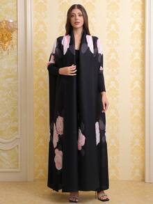 Floral Print Elegant Plus Size Robe - Black - View 4