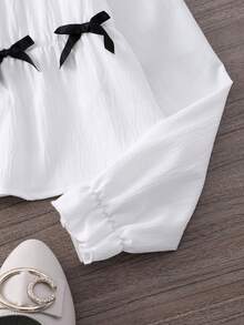 Blus Anak Perempuan Gaya Prancis Manis dengan Hiasan Pita, Lengan Pendek Mengembang, Lengan Panjang, Kerah Kecil, Kancing Putih, Kasual Sehari-hari Musim Semi/Gugur - Putih - View 5