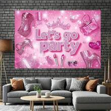 1pc Pink Glitter Party Backdrop Banner With "Let's Go Party" Text, High Heels And Crown Design - Durable Shiny Decoration For Birthday, Photo Booth, Indoor And Outdoor Celebrations - Multicolor - View 9