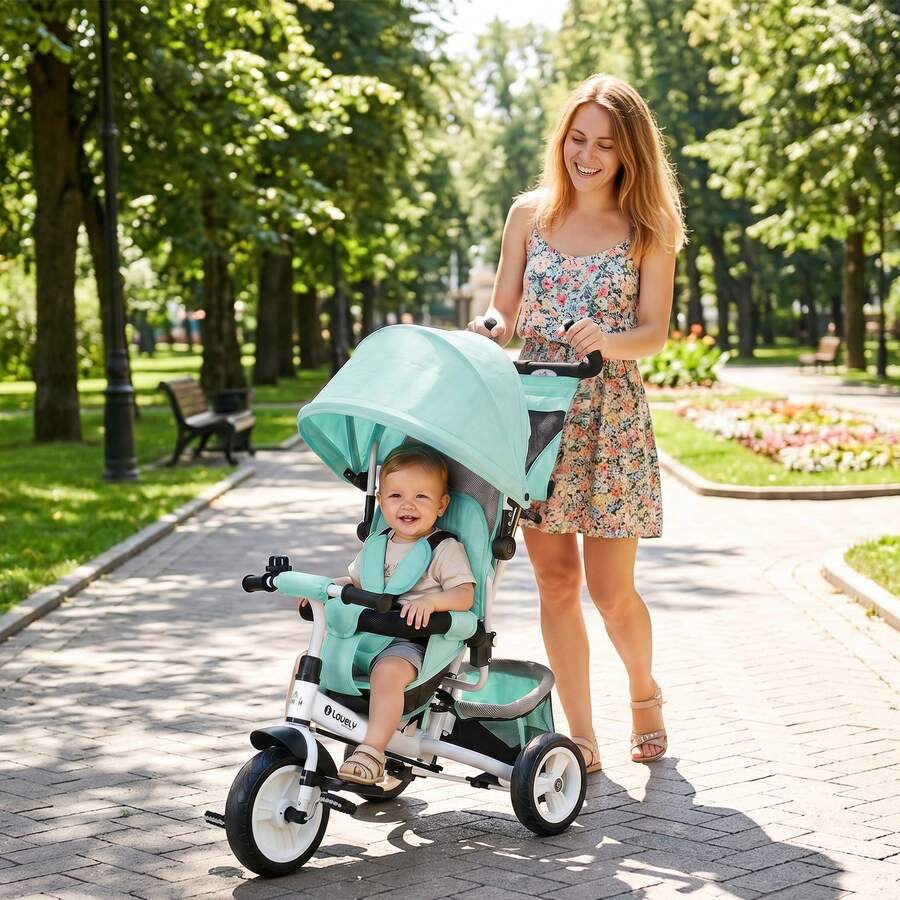 HOMCOM Triciclo para Bebés Triciclo Evolutivo para Niños con Toldo Plegable Mango de Empuje Telescópico y Desmontable Bolso para Mamá y Portabotellas 102x49x102 cm Verde Mint - Verde - Ver 1