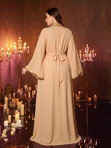 UNITHORSE Plus Women's Stand Collar Flowy Sleeve Satin High Slit Morning Robe Dress - Champagne - View 4