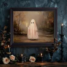 1pc Framed Canvas Wall Art, Cute Pink Ghost Holding Candle Canvas Wall Hanging, Vintage Autumn Forest Oil Painting, Dark Academia Style Halloween Atmosphere Decor, Suitable For Modern Home Decor, Room Decor, Dorm Decor, Bedroom Decor, Bathroom Decor, Kitchen Decor, Dining Room Decor, Living Room Decor, Office Decor, School Decor, Ghost Art, Gothic Halloween Poster, Halloween Decor, Halloween Home Decor, Ghost, Horror Decor - Pink Ghost - View 2