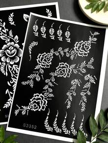 Tiebeauty 2件組可重複使用花卉海娜紋身模板套裝，玫瑰藤蔓 Mehndi 模板，適用於手臂、手部與全身彩繪，適合日常、節慶與身體藝術 - 黑色 - 查看 5